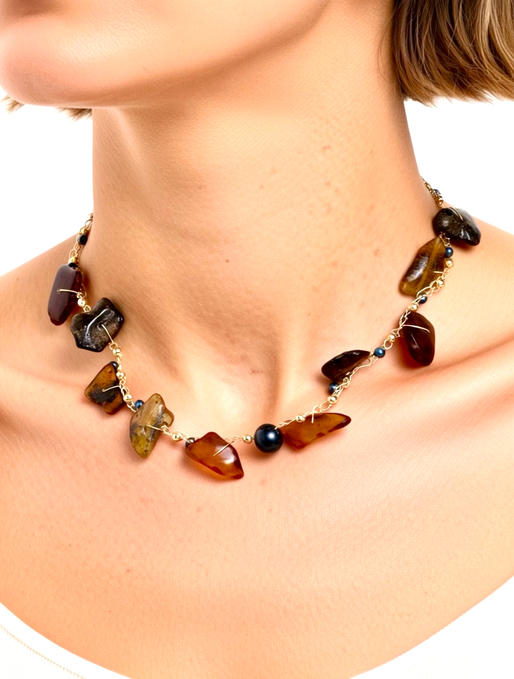 Amber & Pearls Necklace-Chocker “Sunset”