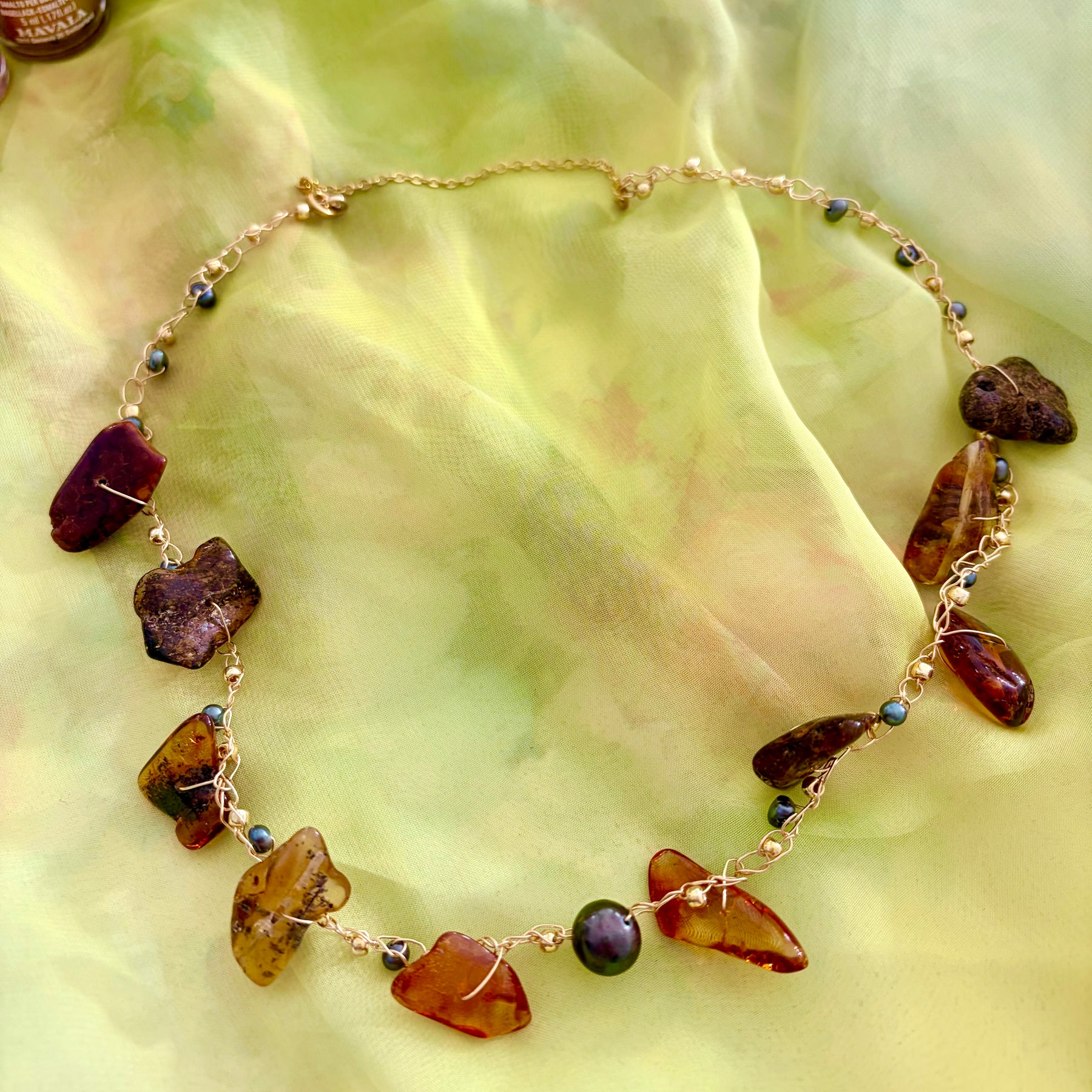 Amber & Pearls Necklace-Chocker “Sunset”