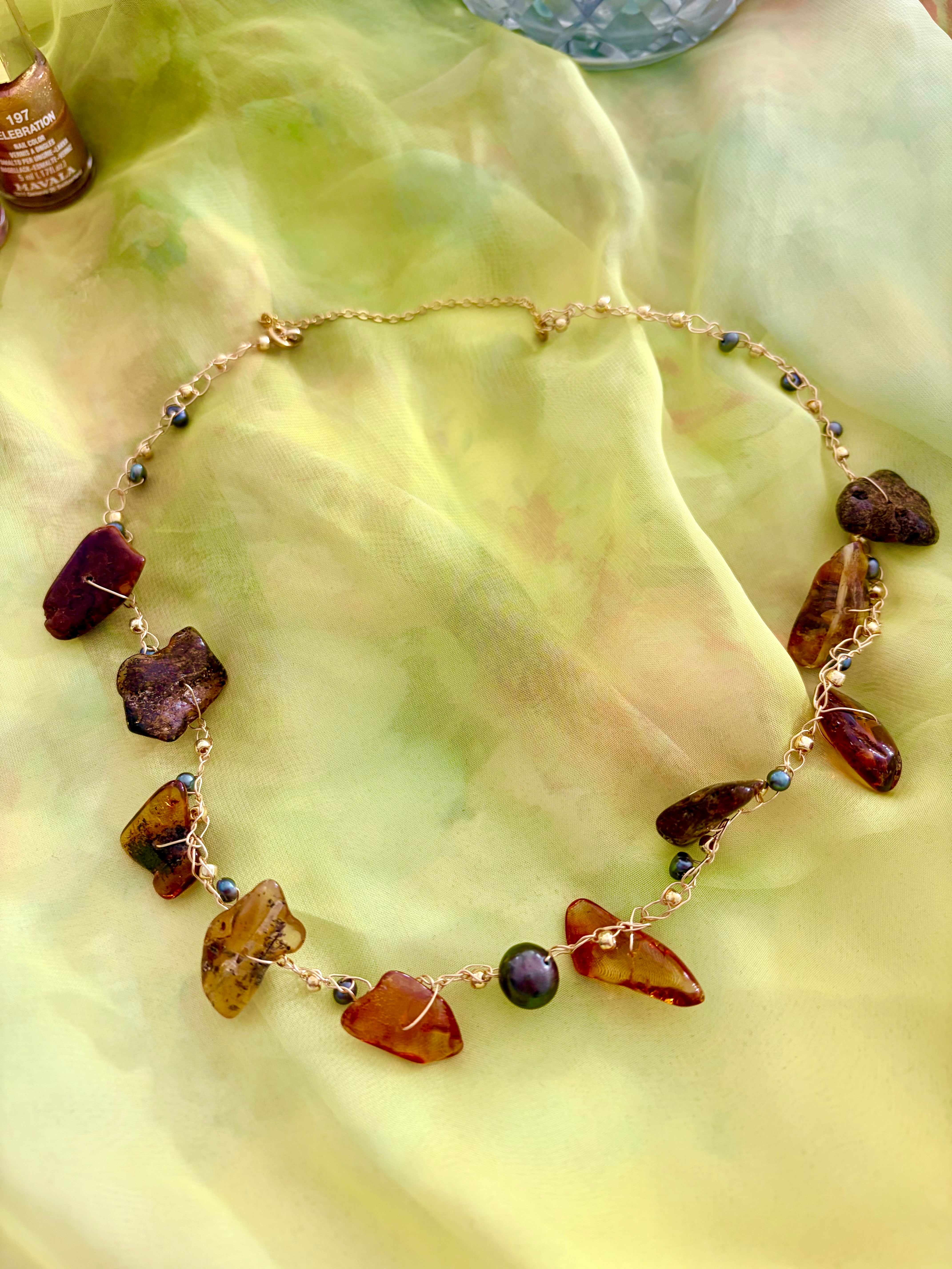 Amber & Pearls Necklace-Chocker “Sunset”