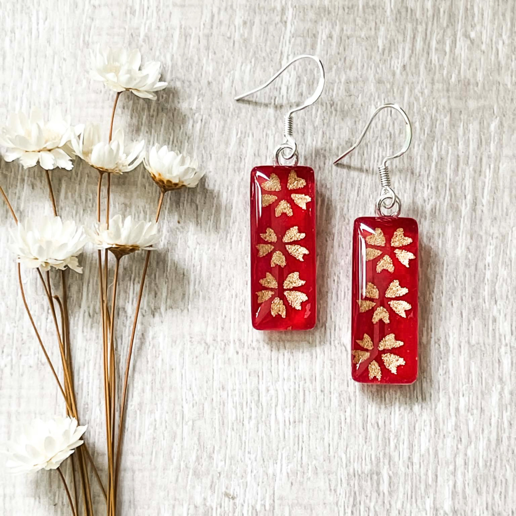 Red and Gold Floral Blooms  • Handmade "One of a Kind" Dangle Earrings