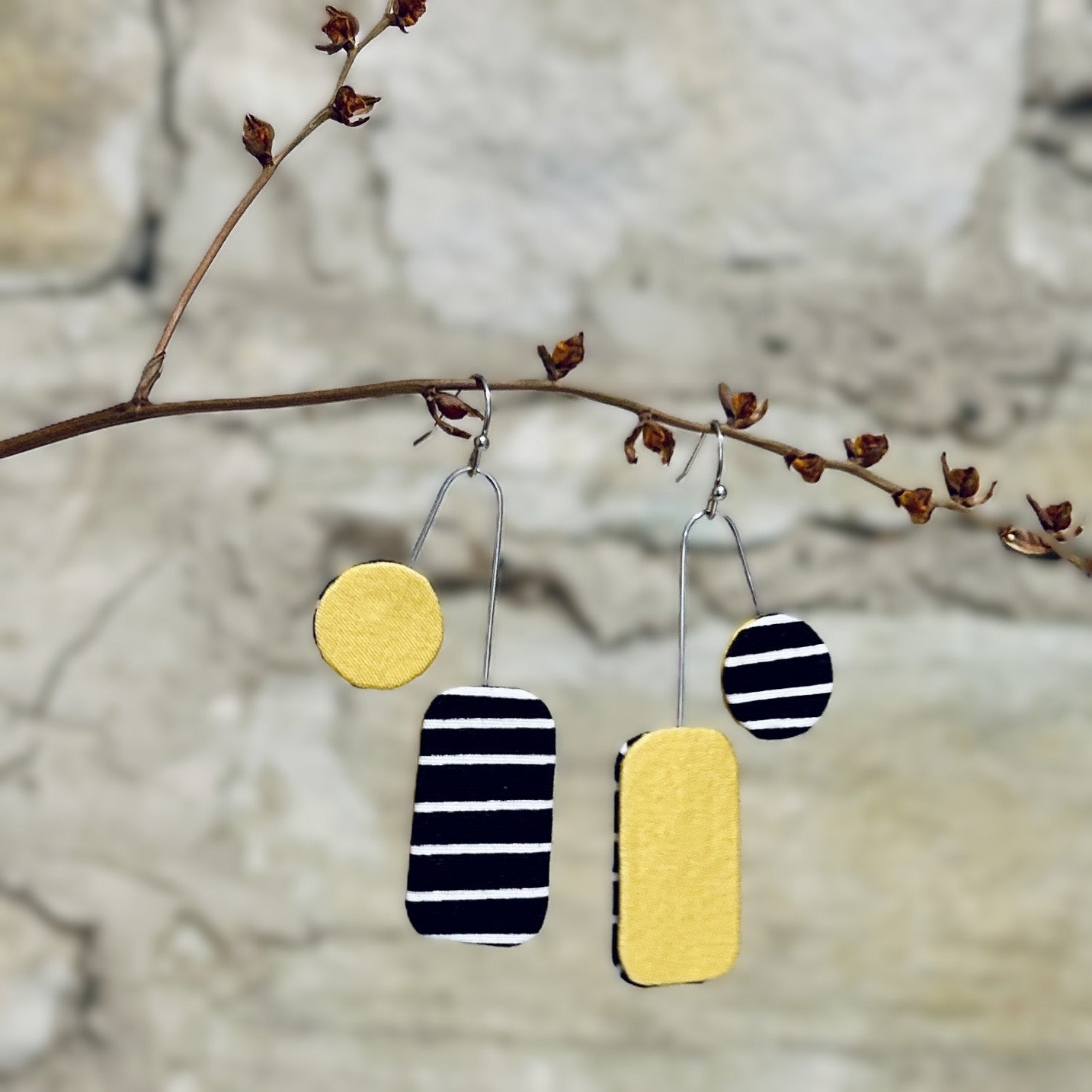 Earrings Asymmetrical Textile Yellow Black White Stripe - EC-646