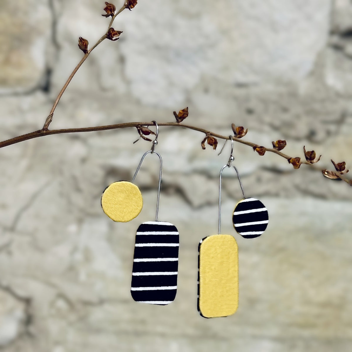 Earrings Asymmetrical Textile Yellow Black White Stripe - EC-646