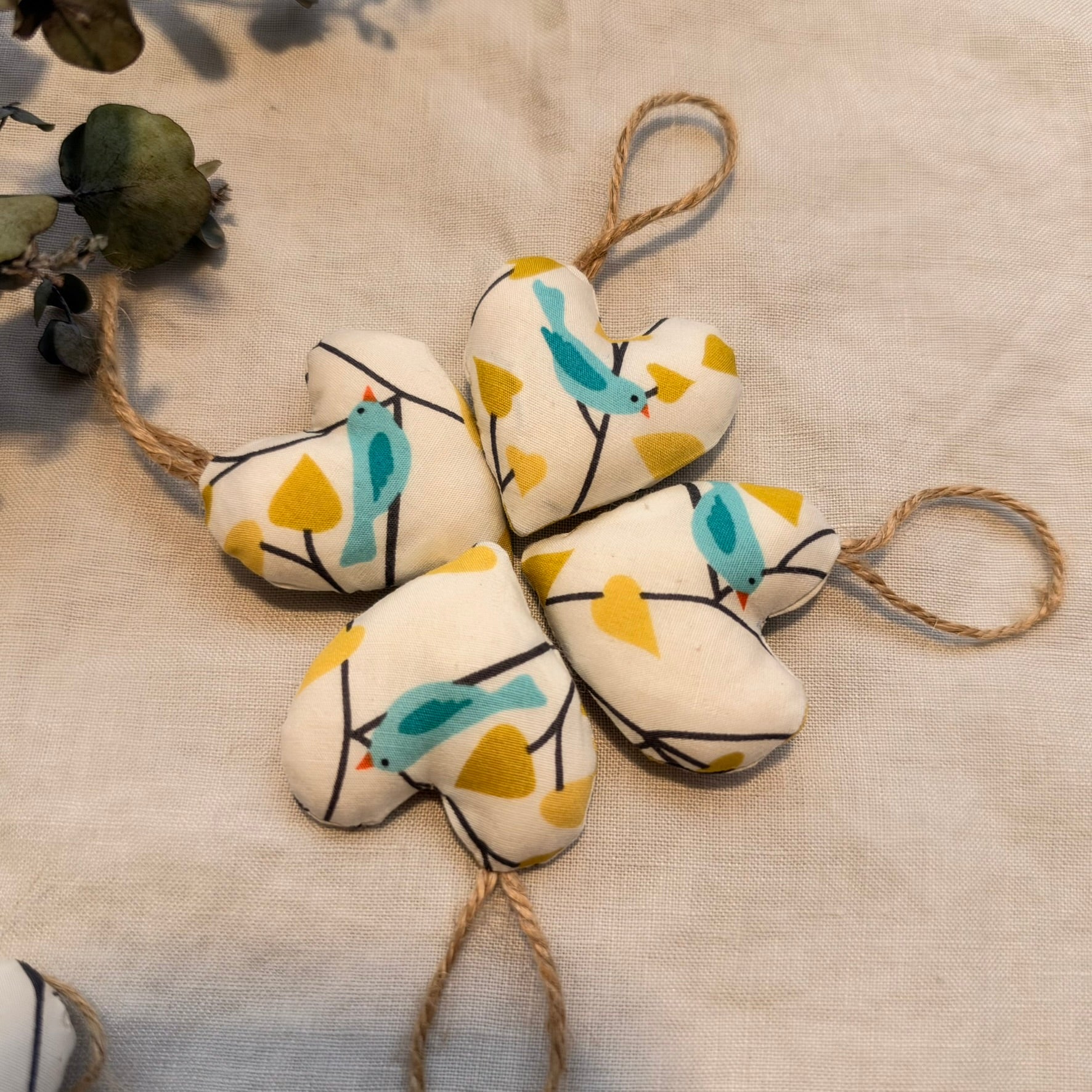 Little blue bird hearts - handmade with wool filling