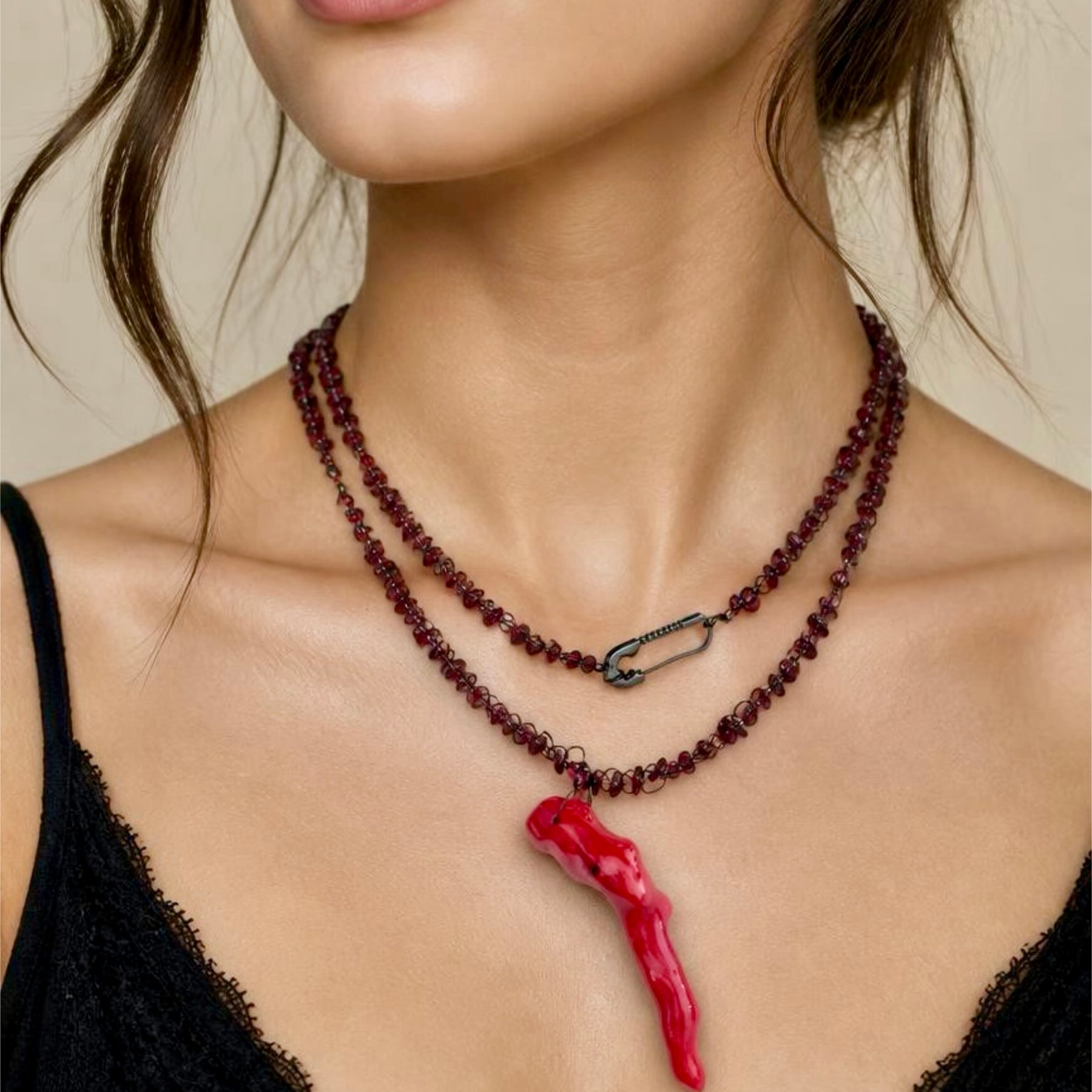 “Rouge Allure”- Red coral, garnet, and white pearls Necklace