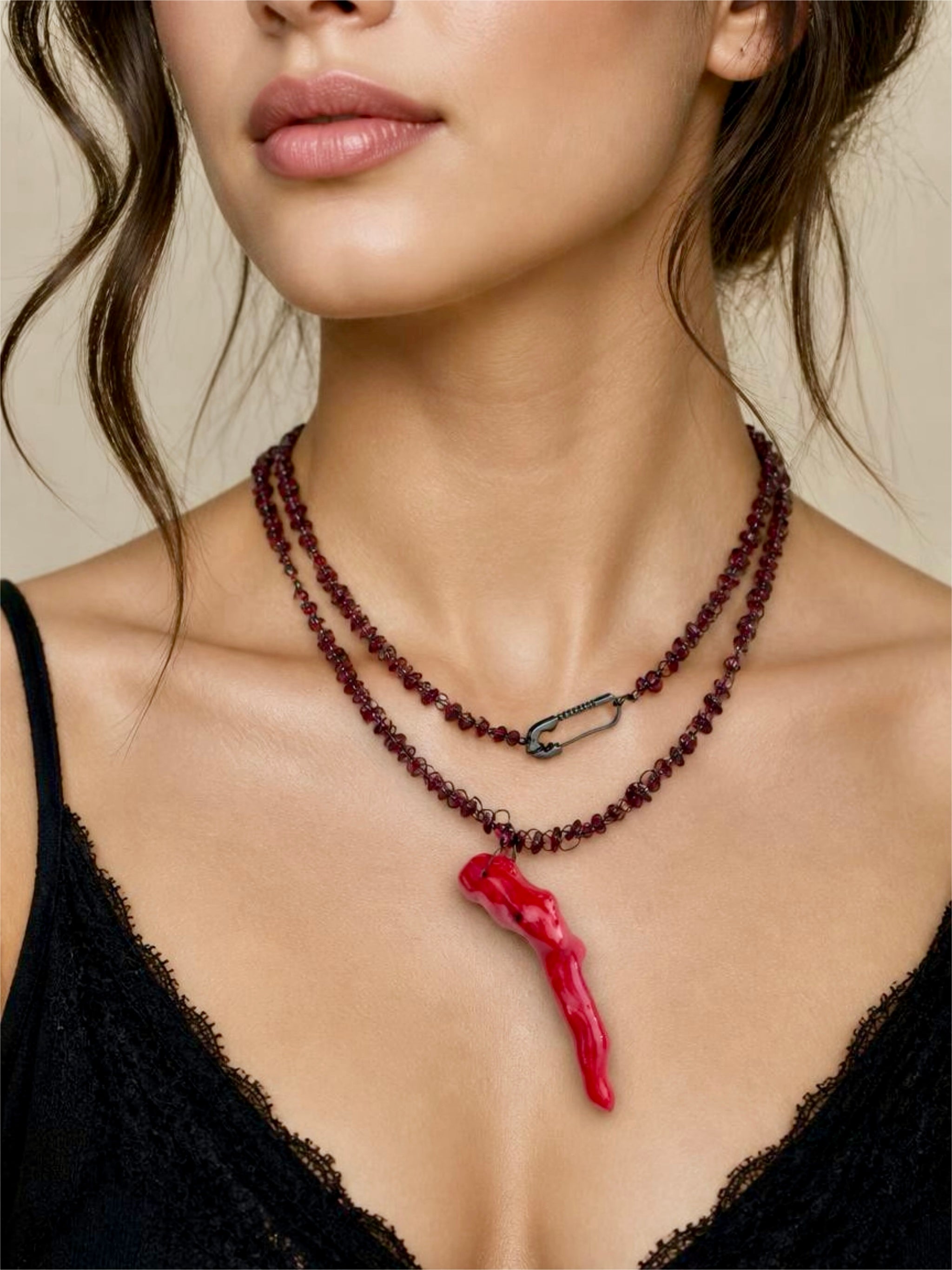 “Rouge Allure”- Red coral, garnet, and white pearls Necklace