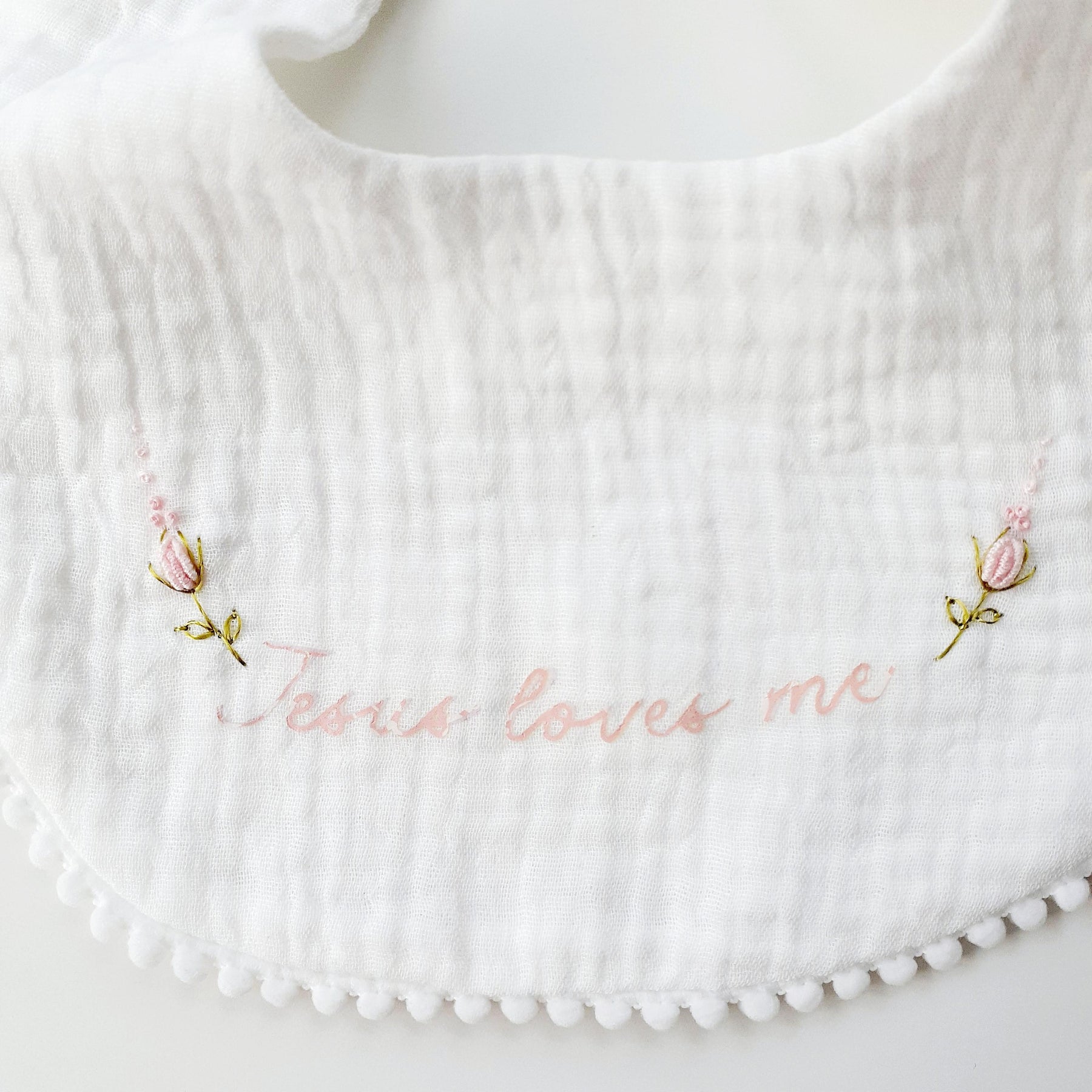 Embroidered Floral Baby Bib • Vintage-Style Scalloped Keepsake, Jesus Loves Me