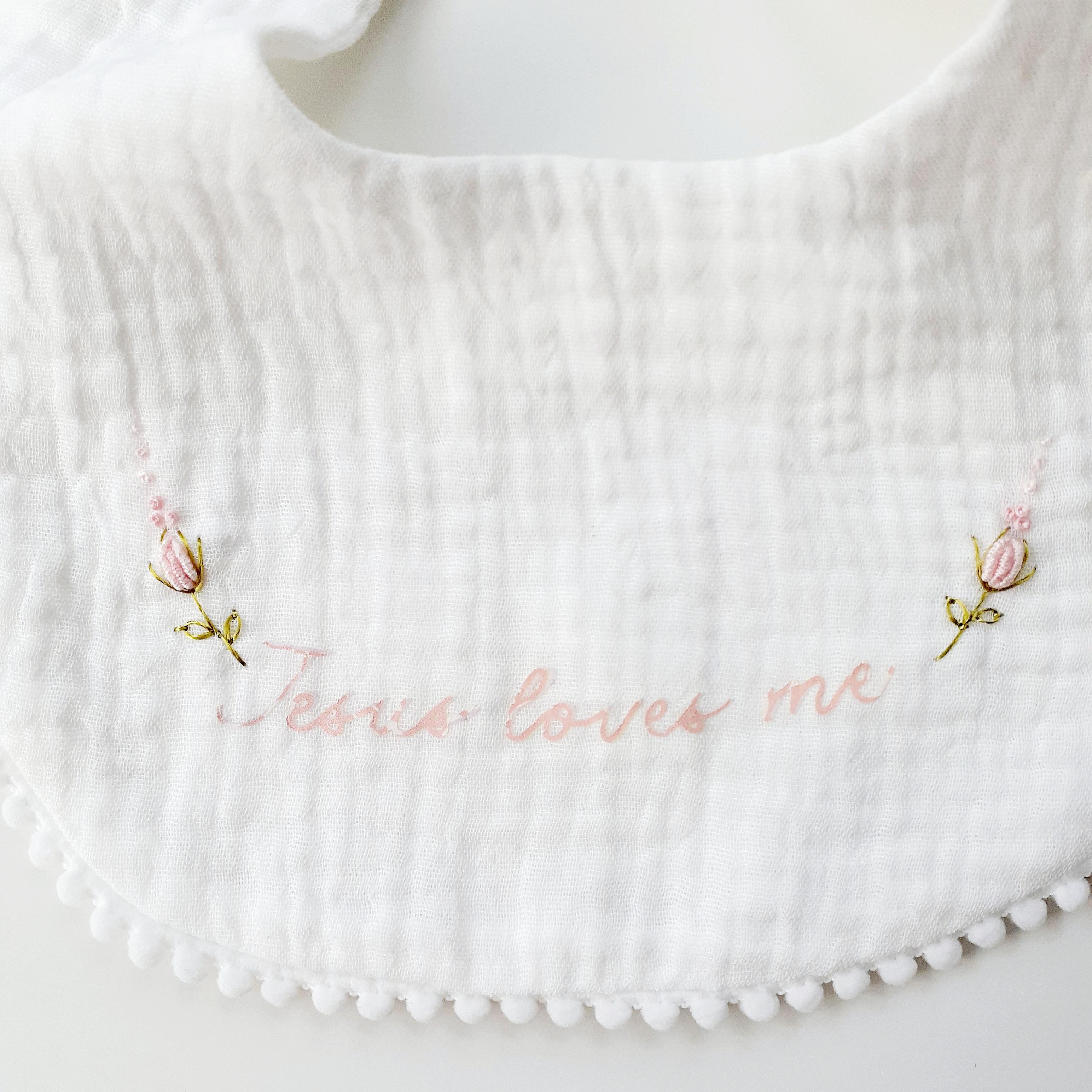 Embroidered Floral Baby Bib • Vintage-Style Scalloped Keepsake, Jesus Loves Me