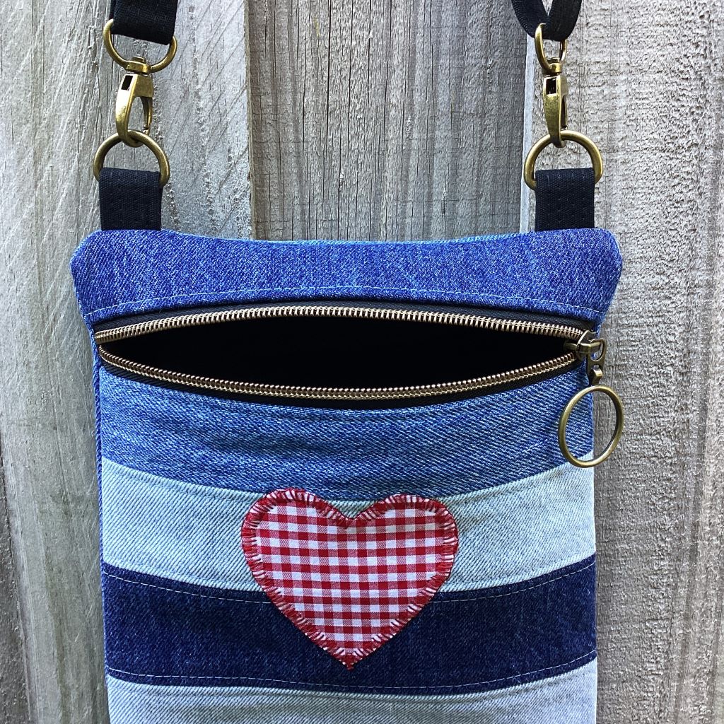 Upcycled Denim Crossbody Bag - Red Gingham Heart