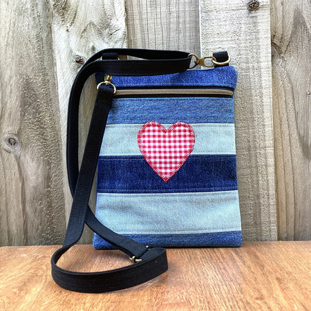 Upcycled Denim Crossbody Bag - Red Gingham Heart