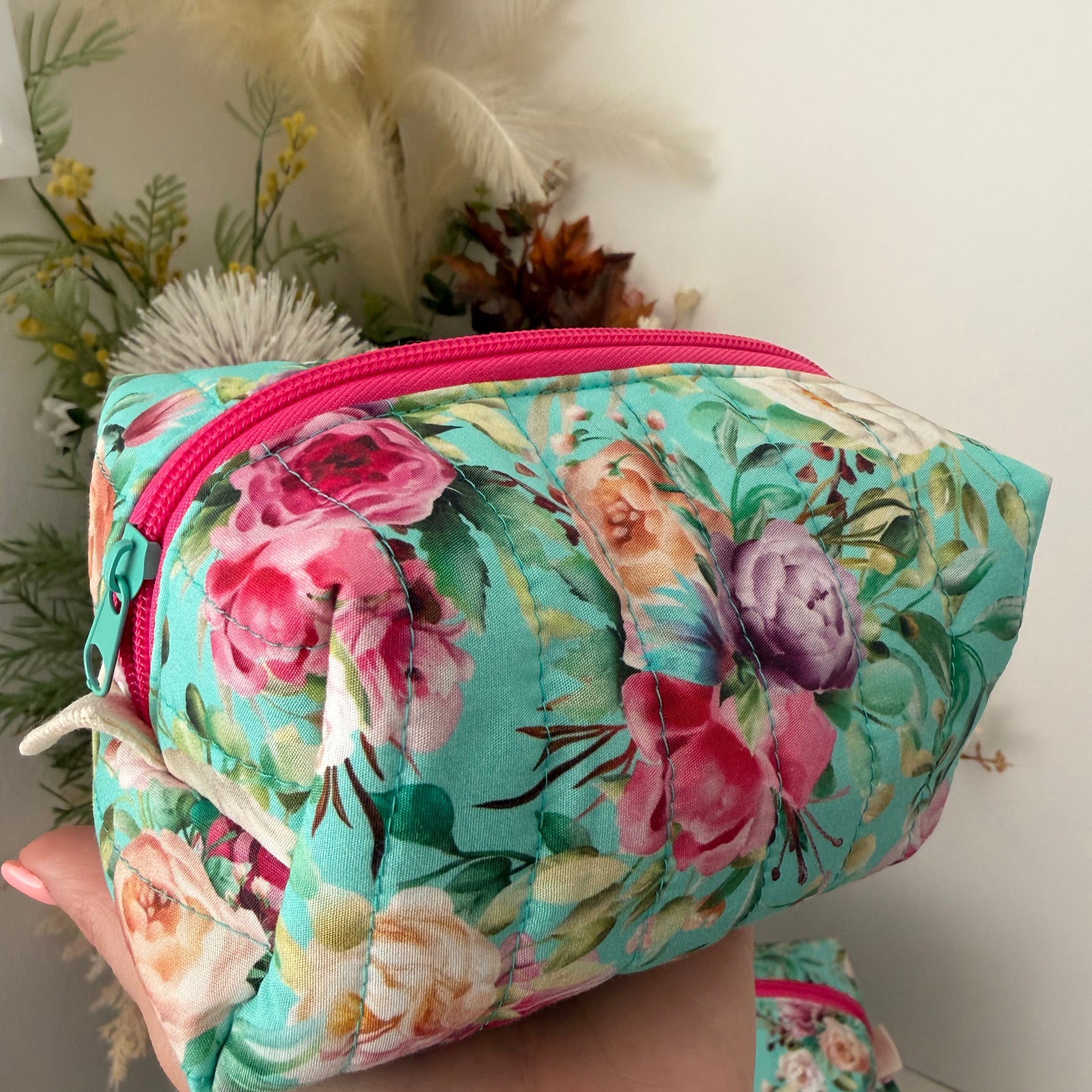 Set of 2 - Boxy Zipper Pouches - Aqua Floral
