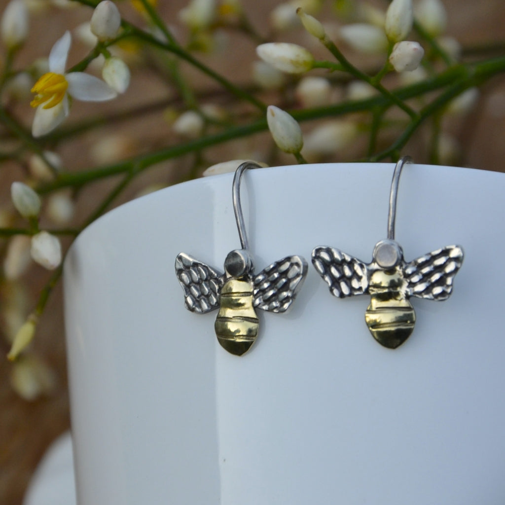 Brass and Silver Bee Dangle Earrings