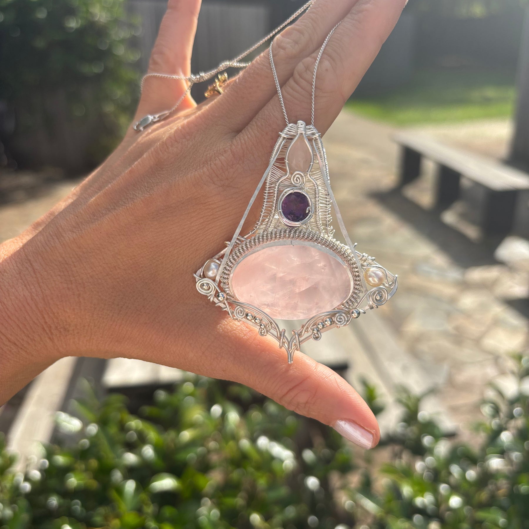 Amethyst/Rose Quartz Crystal silver wire wrap pendant