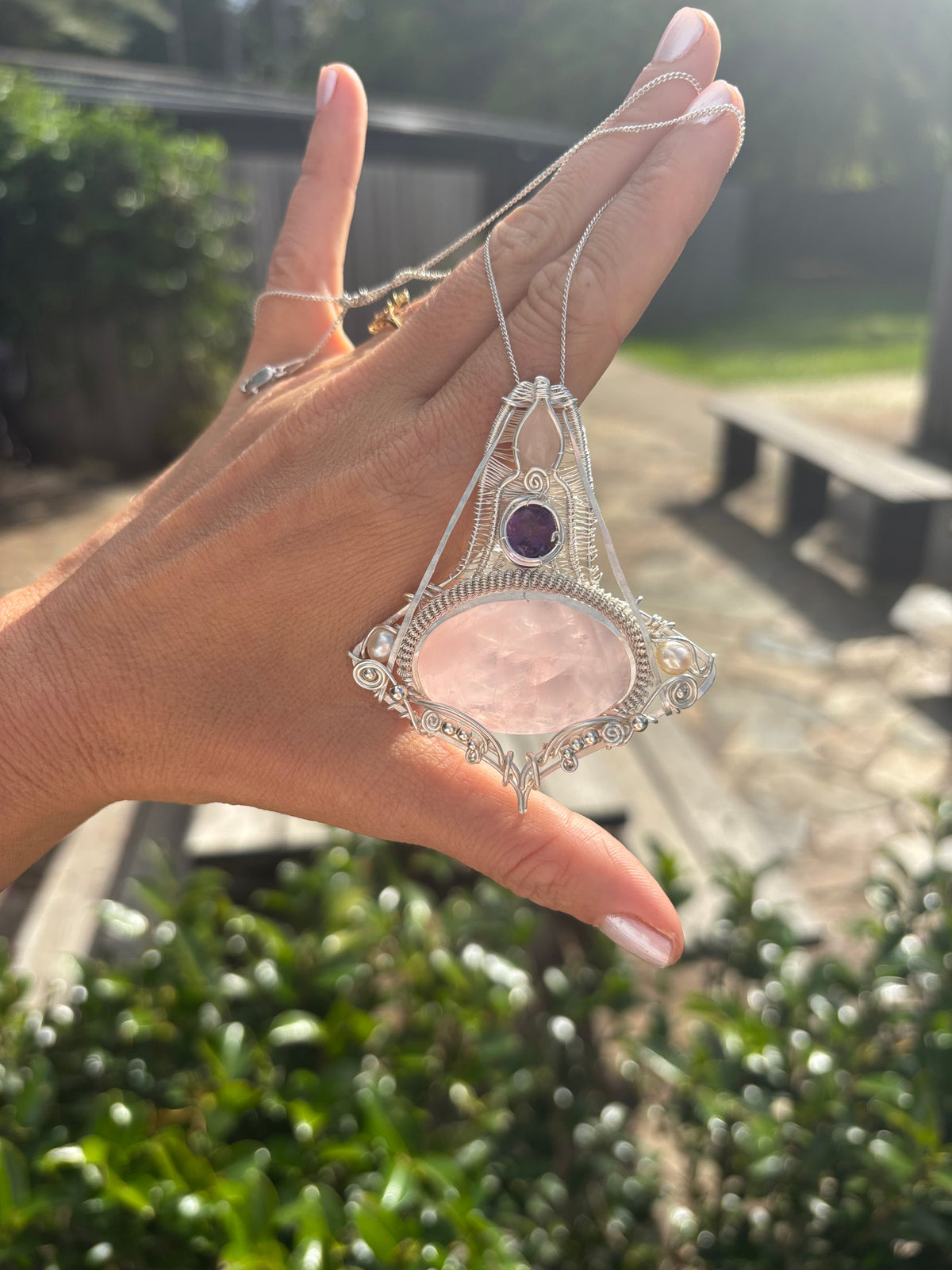 Amethyst/Rose Quartz Crystal silver wire wrap pendant