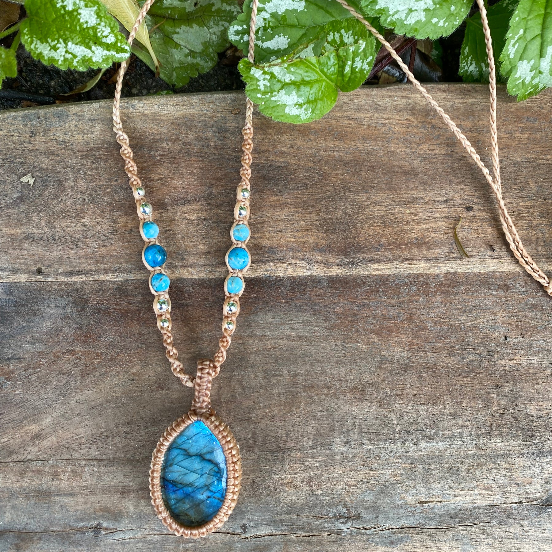 Labradorite Pendant Necklace: Beaded Macrame, Adjustable Boho Gift