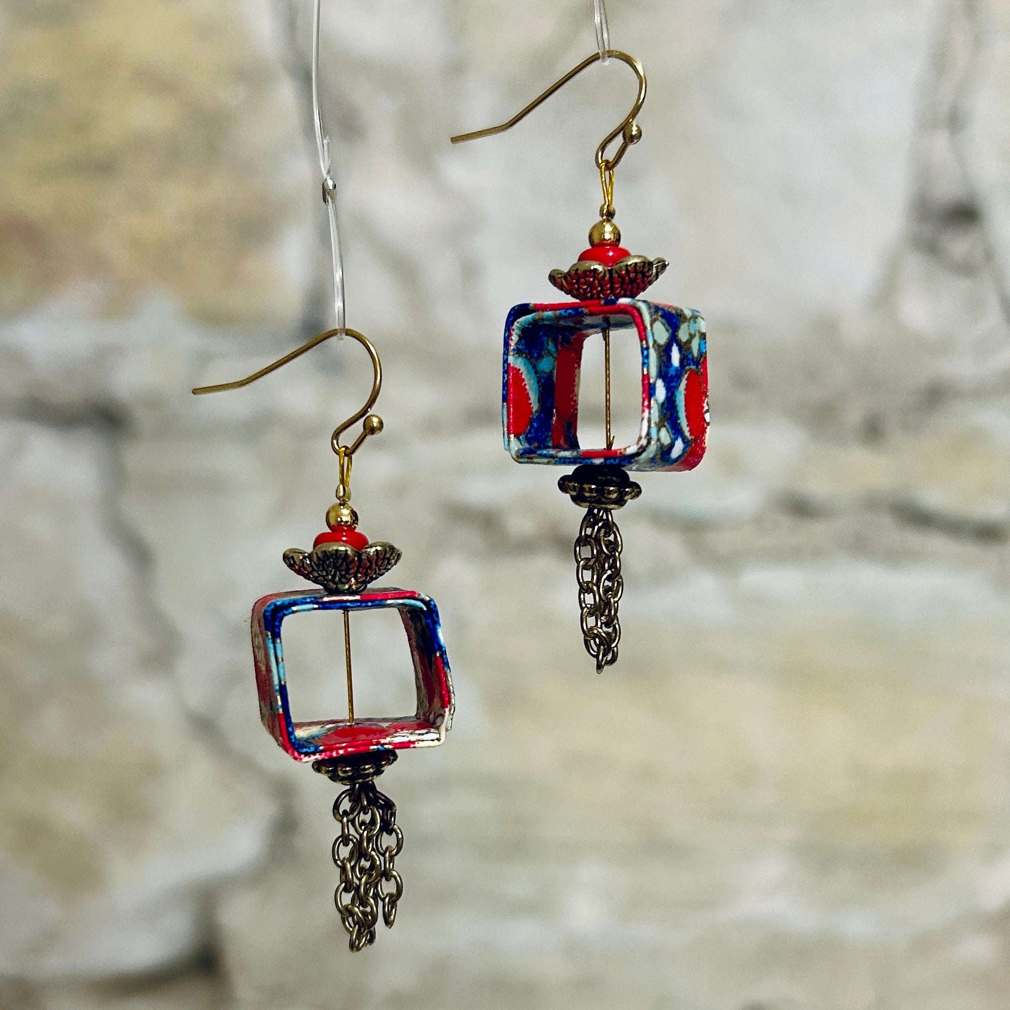 Earrings Red Blue Gold Floral Japanese Washi: EB-90