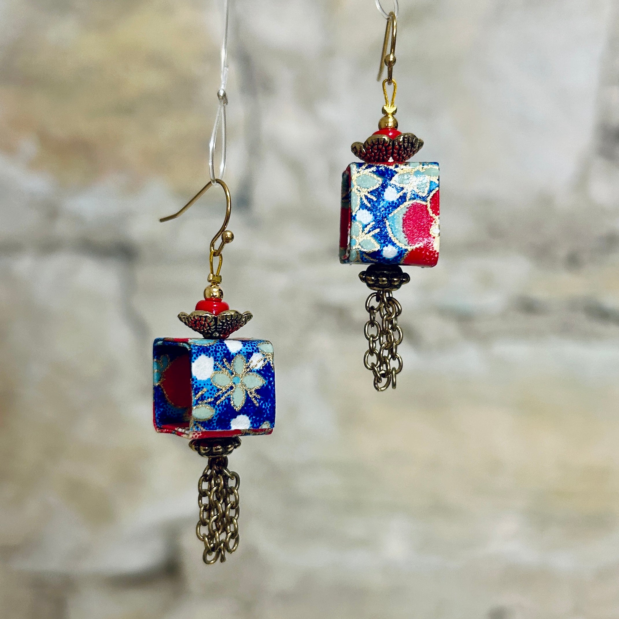 Earrings Red Blue Gold Floral Japanese Washi: EB-90