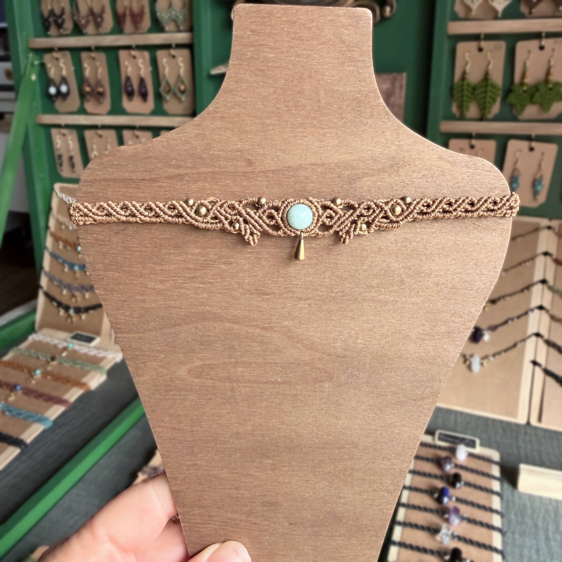 Macrame Filigree Choker with focal gemstone and solid brass drop.