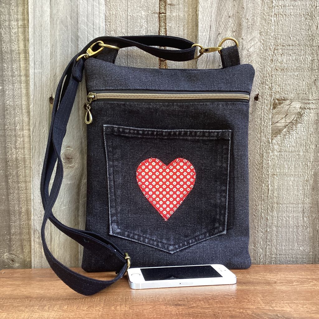 Black Upcycled Denim Cross Body Bag – Red Heart