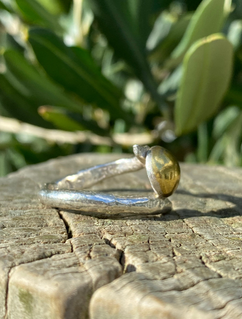 Organic Form Adjustable Silver & Brass Dome Ring