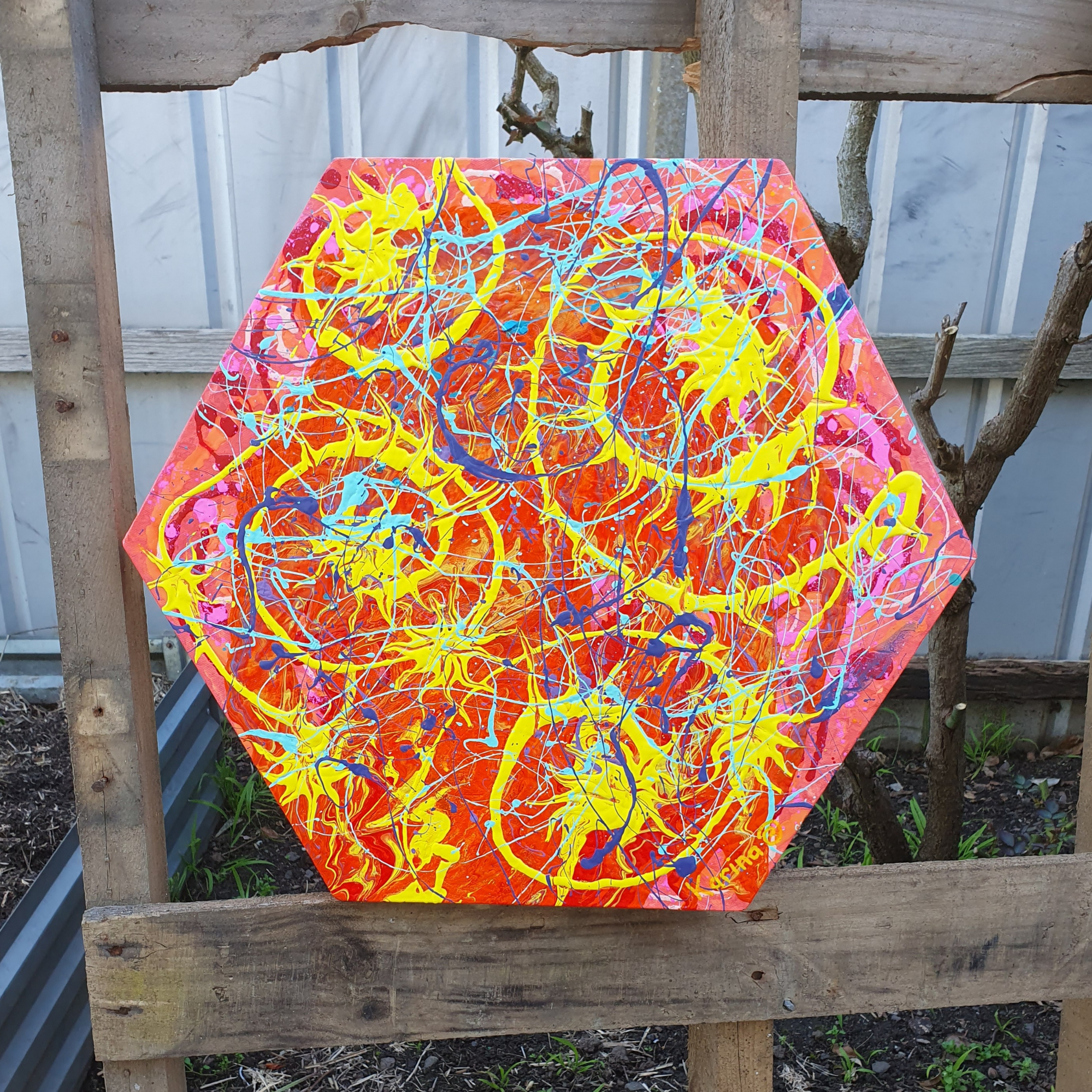 Solar Flare. Original Abstract, Hexagon Acrylic Canvas Painting.