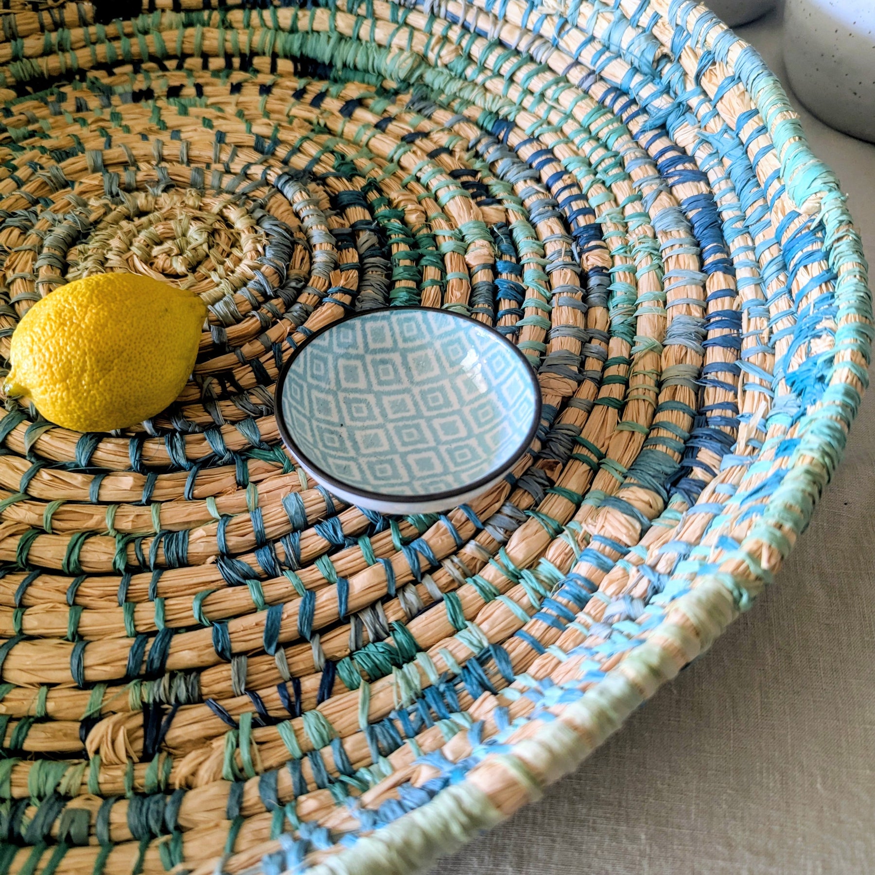Coiled Basket Woven Rockpool Blues |  50 cm for  Flat Lay Storage or Wall Decor