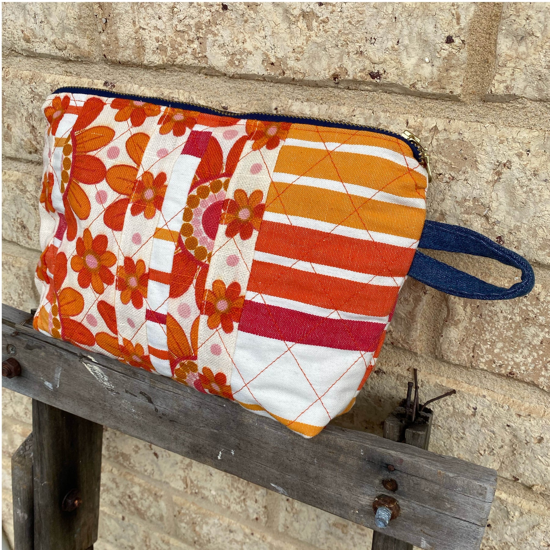 Quilted Tangerine Pouch Cosmetic Everyday Bag Upcycled Vintage Fabrics & Denim