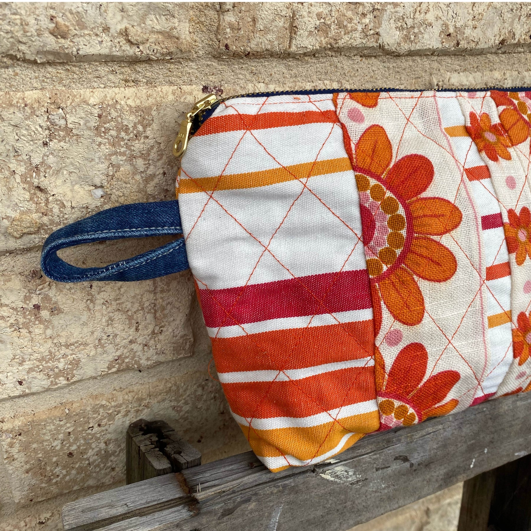 Quilted Tangerine Pouch Cosmetic Everyday Bag Upcycled Vintage Fabrics & Denim