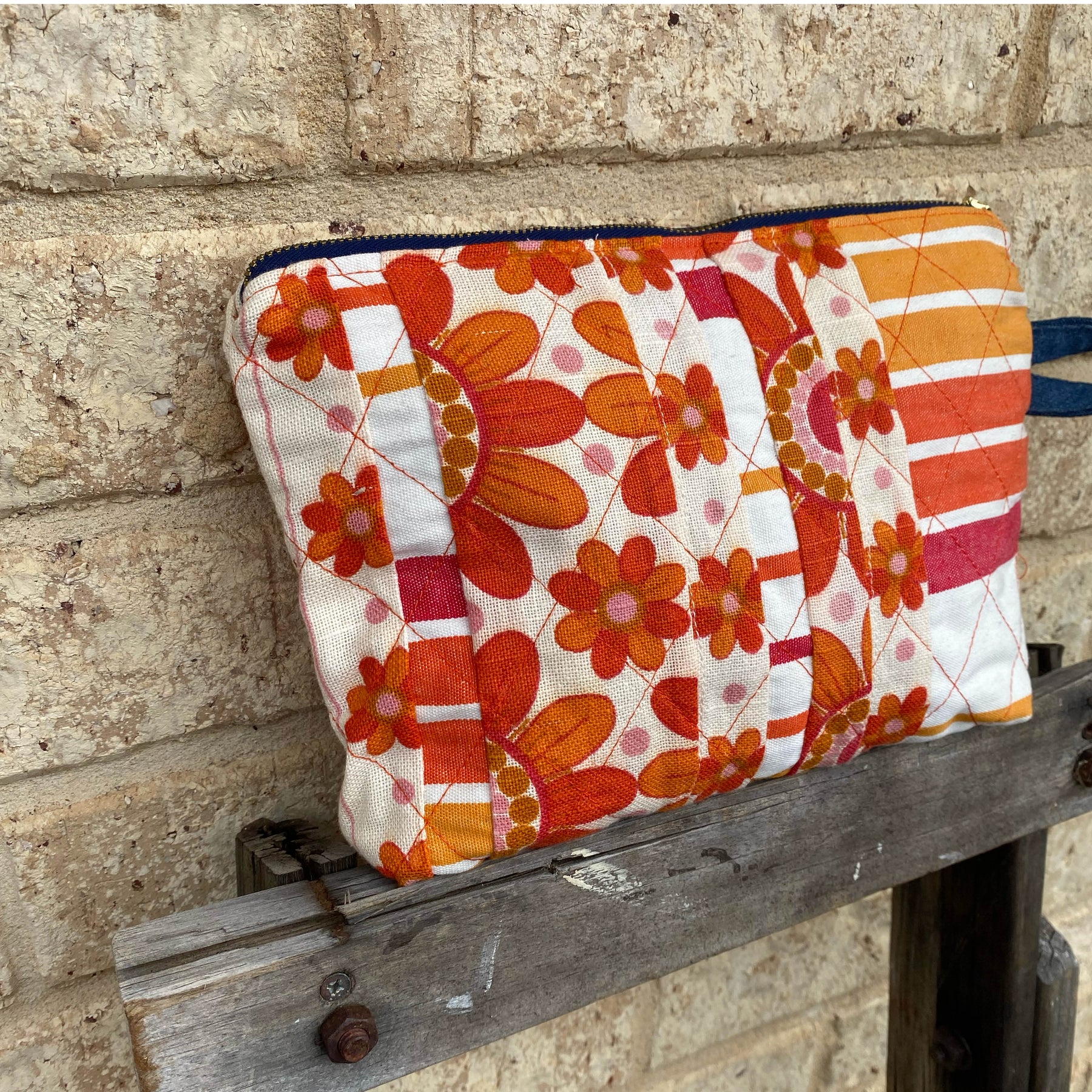 Quilted Tangerine Pouch Cosmetic Everyday Bag Upcycled Vintage Fabrics & Denim