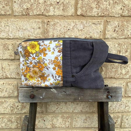 Wildflower Cord Pouch Cosmetic Everyday Bag Upcycled Vintage Fabrics & Denim