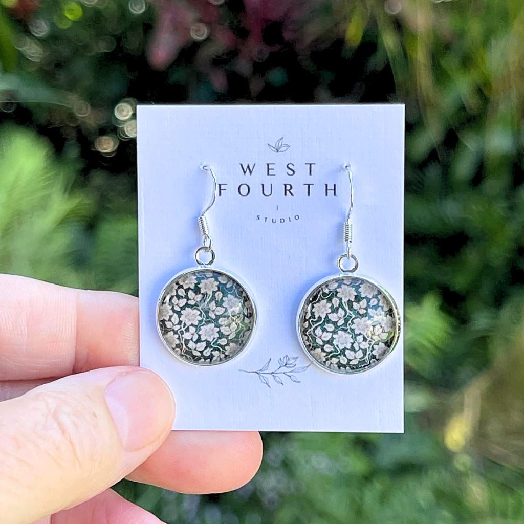 Dark Green Floral Vintage Pattern Earrings • Made with Paper and Glass