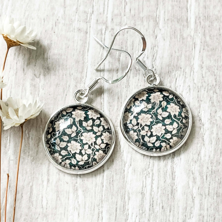 Dark Green Floral Vintage Pattern Earrings • Made with Paper and Glass