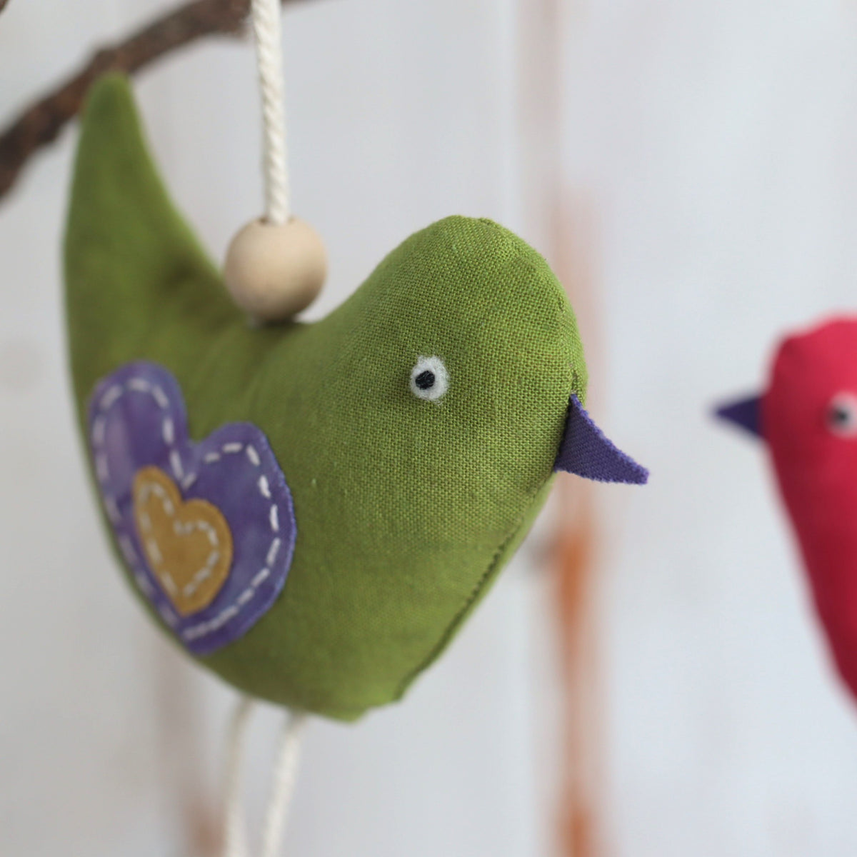 Hand Dyed Bird Ornaments, Whymsical Bird Decorations, Xmas decorations, set of 2