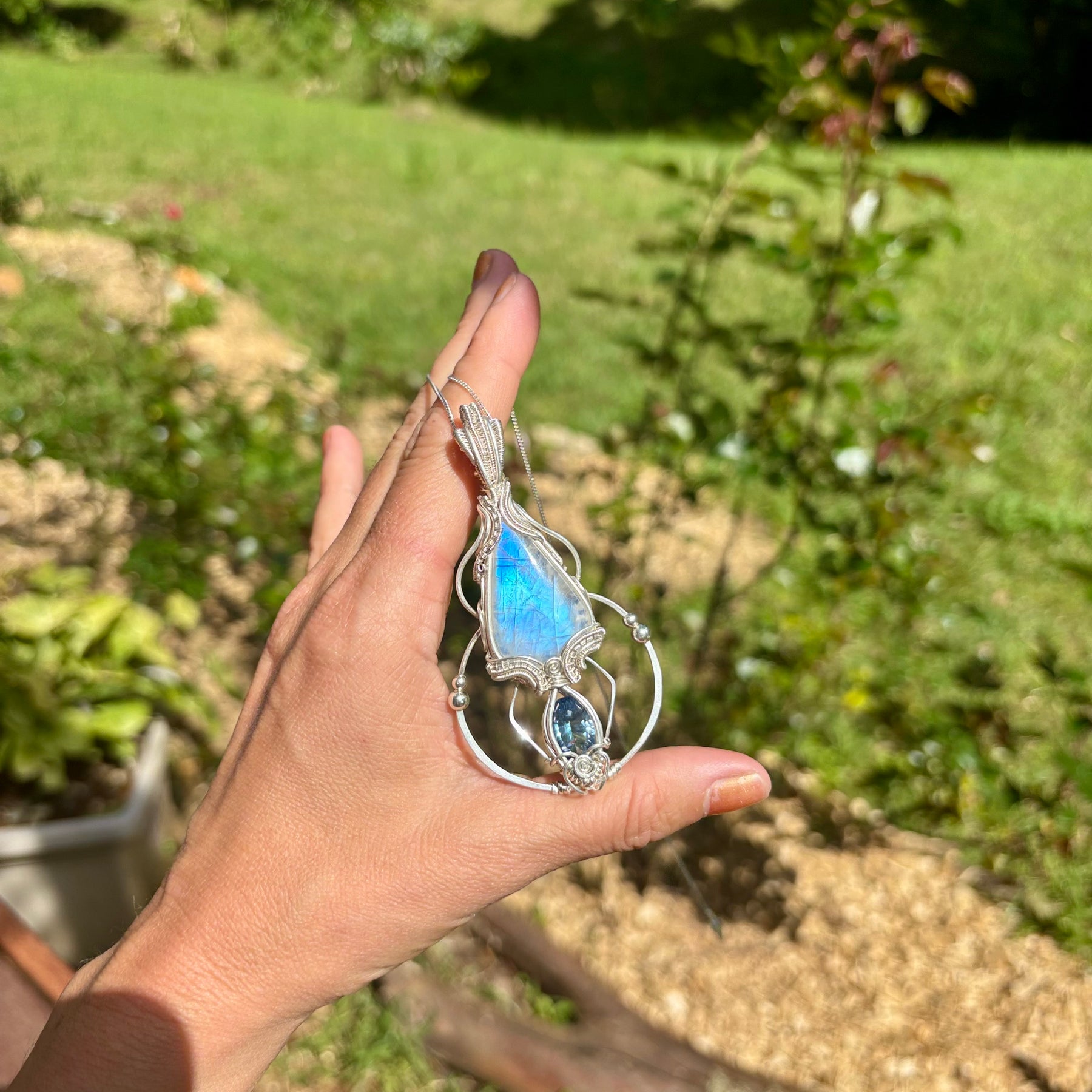 Moonstone, mystic Quartz fantasy geometry pendant