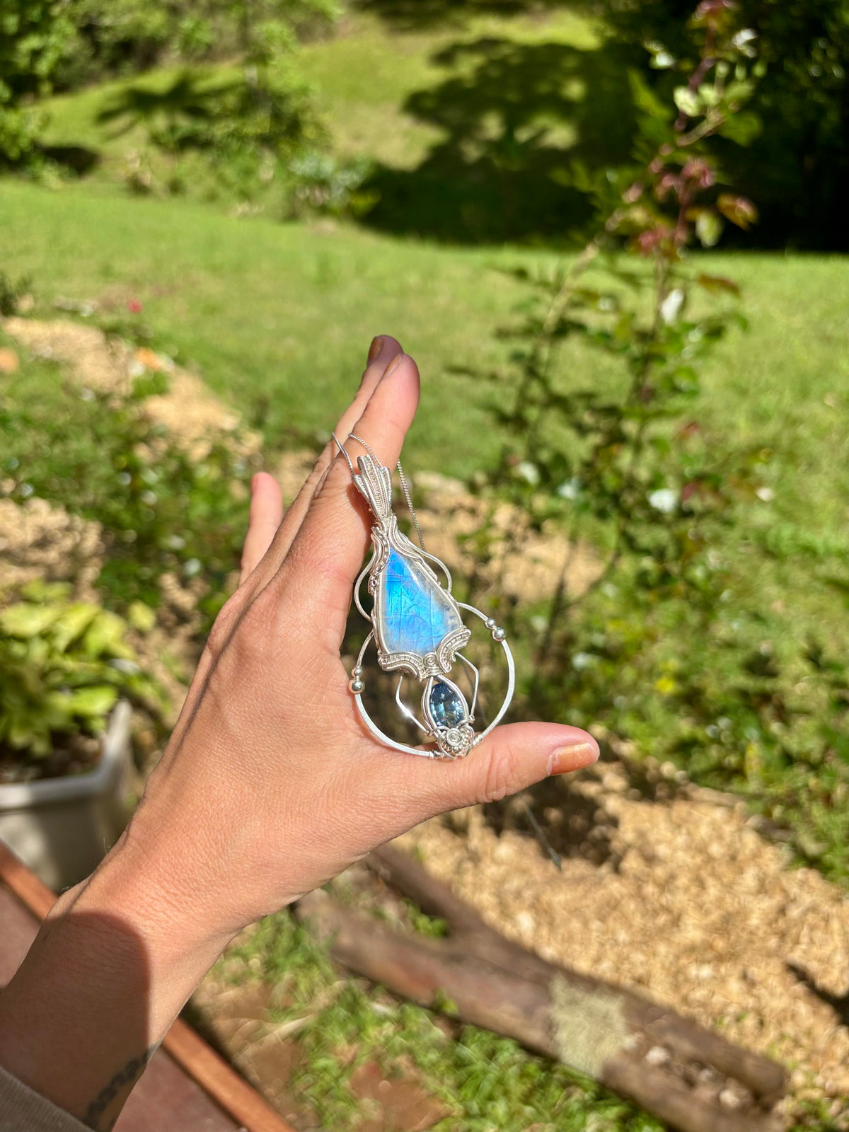 Moonstone, mystic Quartz fantasy geometry pendant