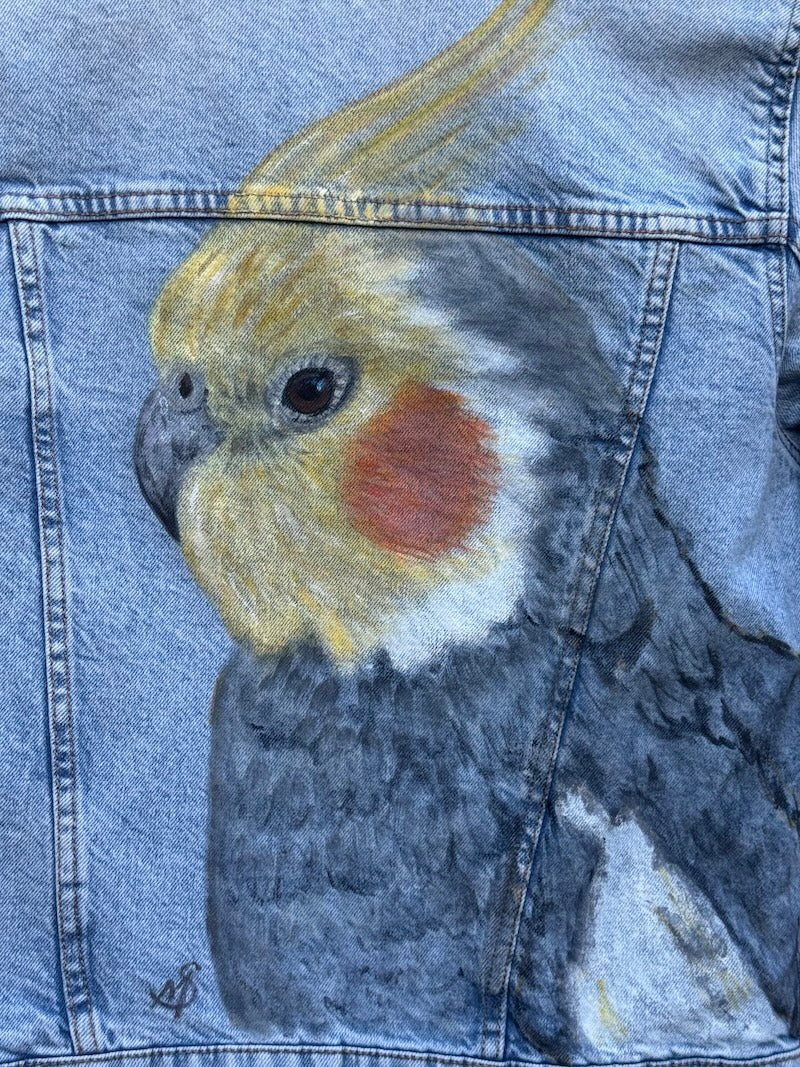 Cockatiel Hand-painted Denim Recycled Jacket 14