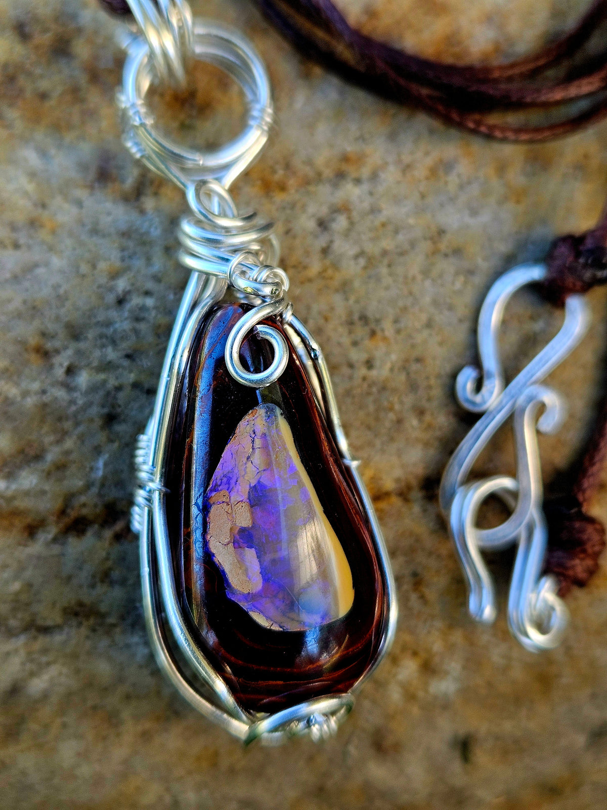 Boulder Opal & Sterling Silver Wire-Wrapped Pendant