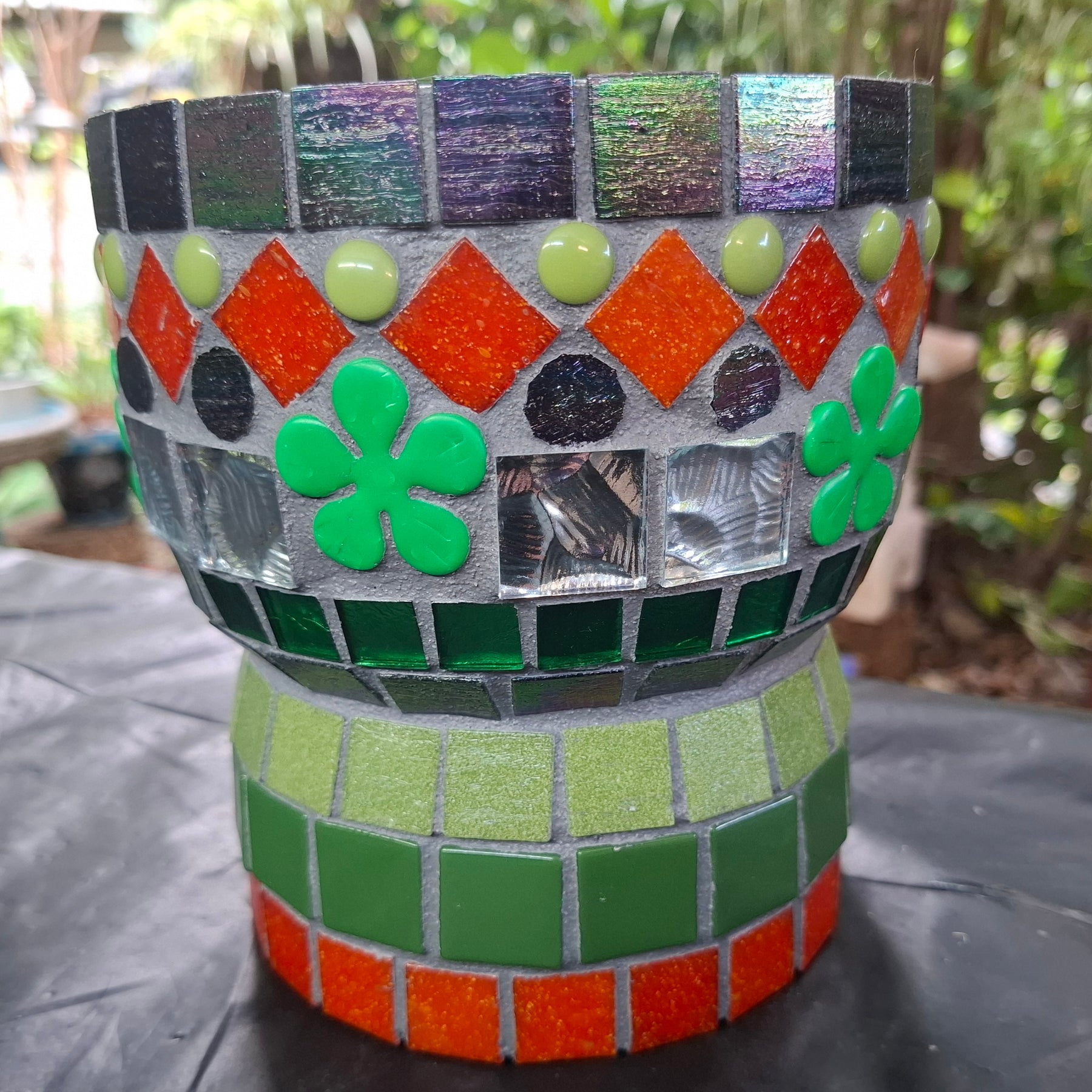 Interesting Red, Green and Black Mosaic Pot