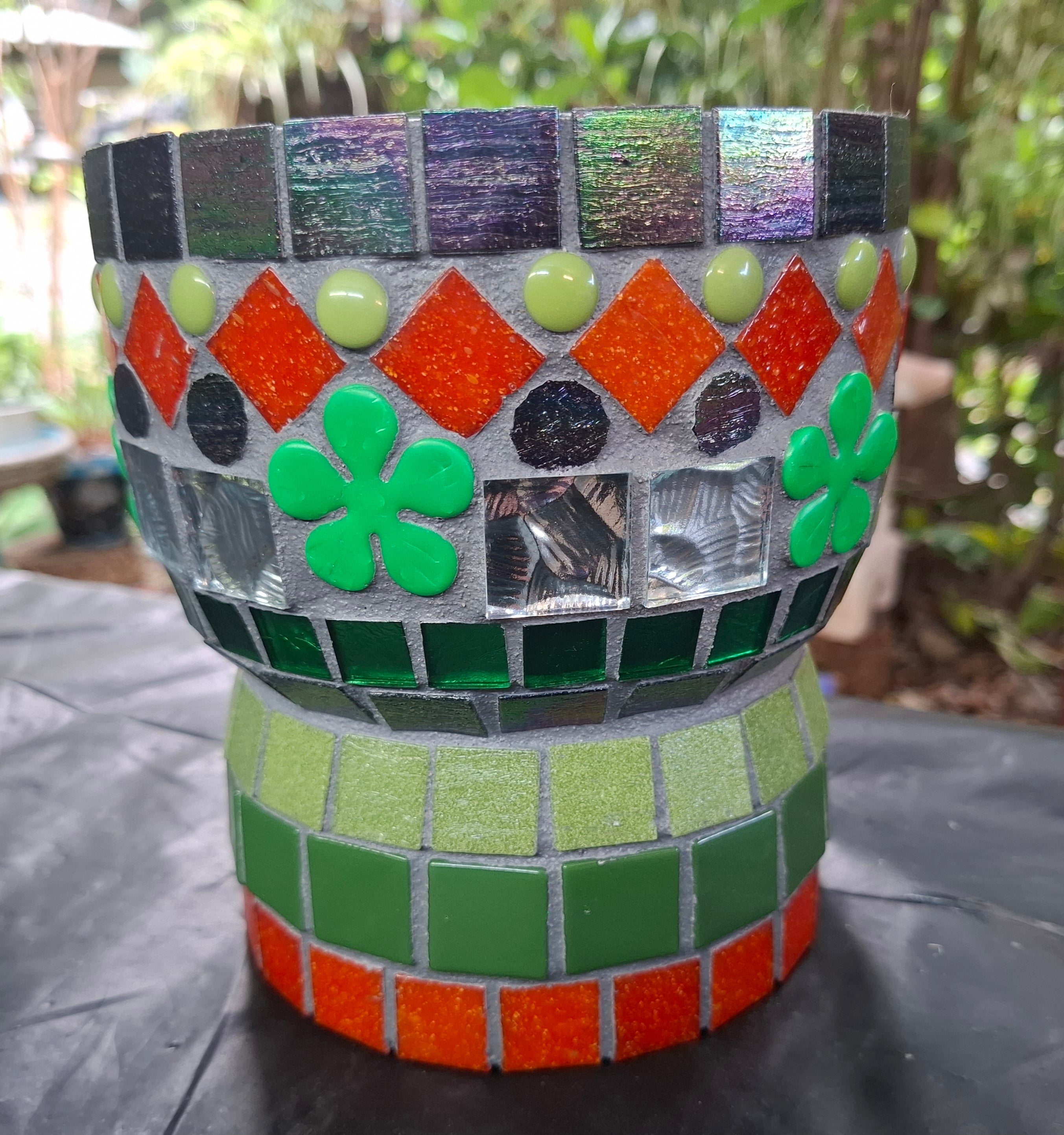 Interesting Red, Green and Black Mosaic Pot