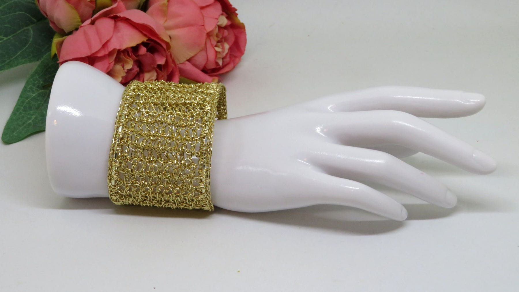 Bespoke Handmade Gold Crochet Shimmer Thread Cuff Bracelet