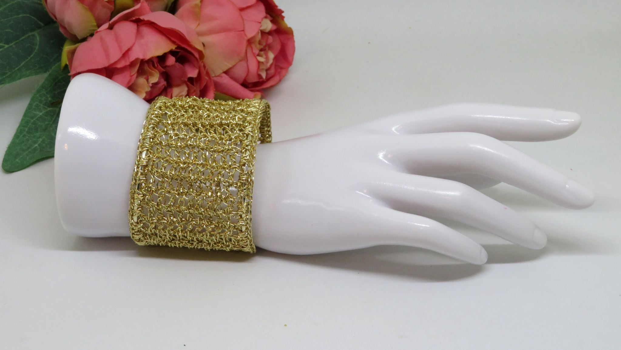 Bespoke Handmade Gold Crochet Shimmer Thread Cuff Bracelet
