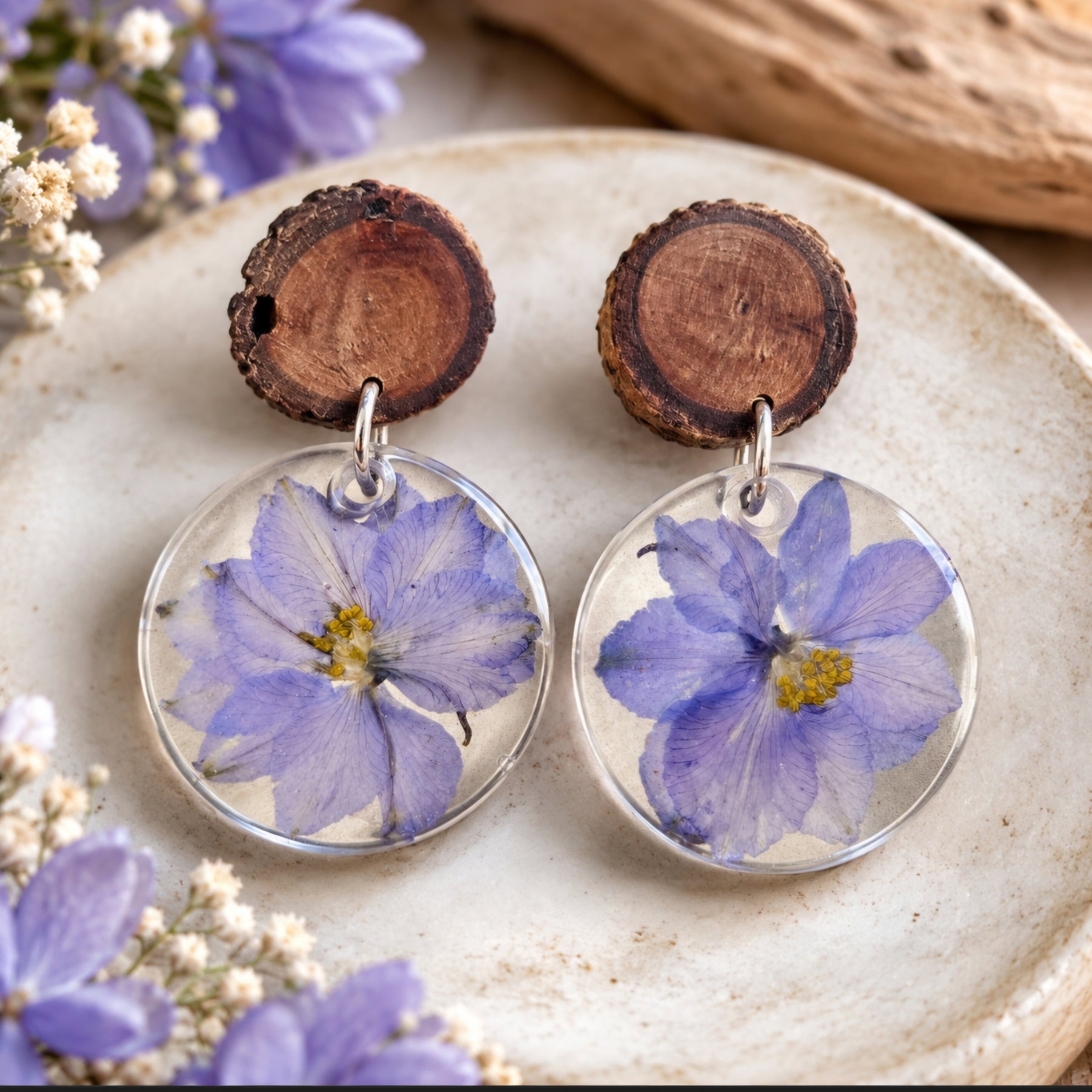 Handmade Lilac Floral Resin & Timber Earrings 🌿