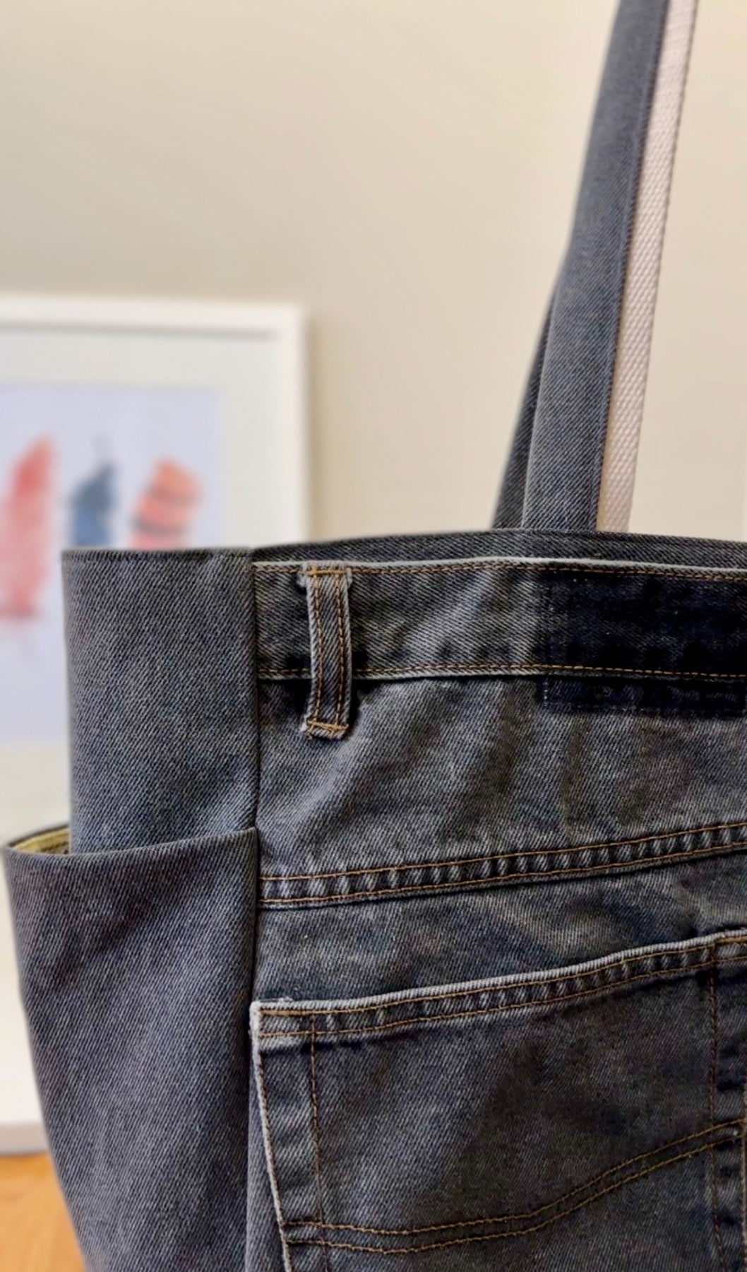 Upcycled Black Denim Tote Bag with Pockets