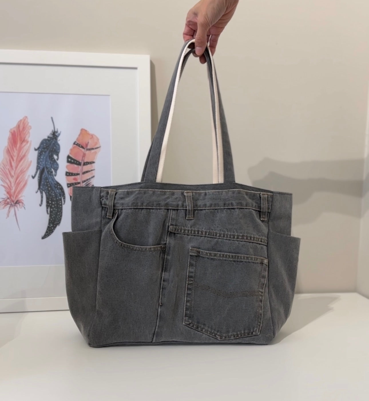 Upcycled Black Denim Tote Bag with Pockets