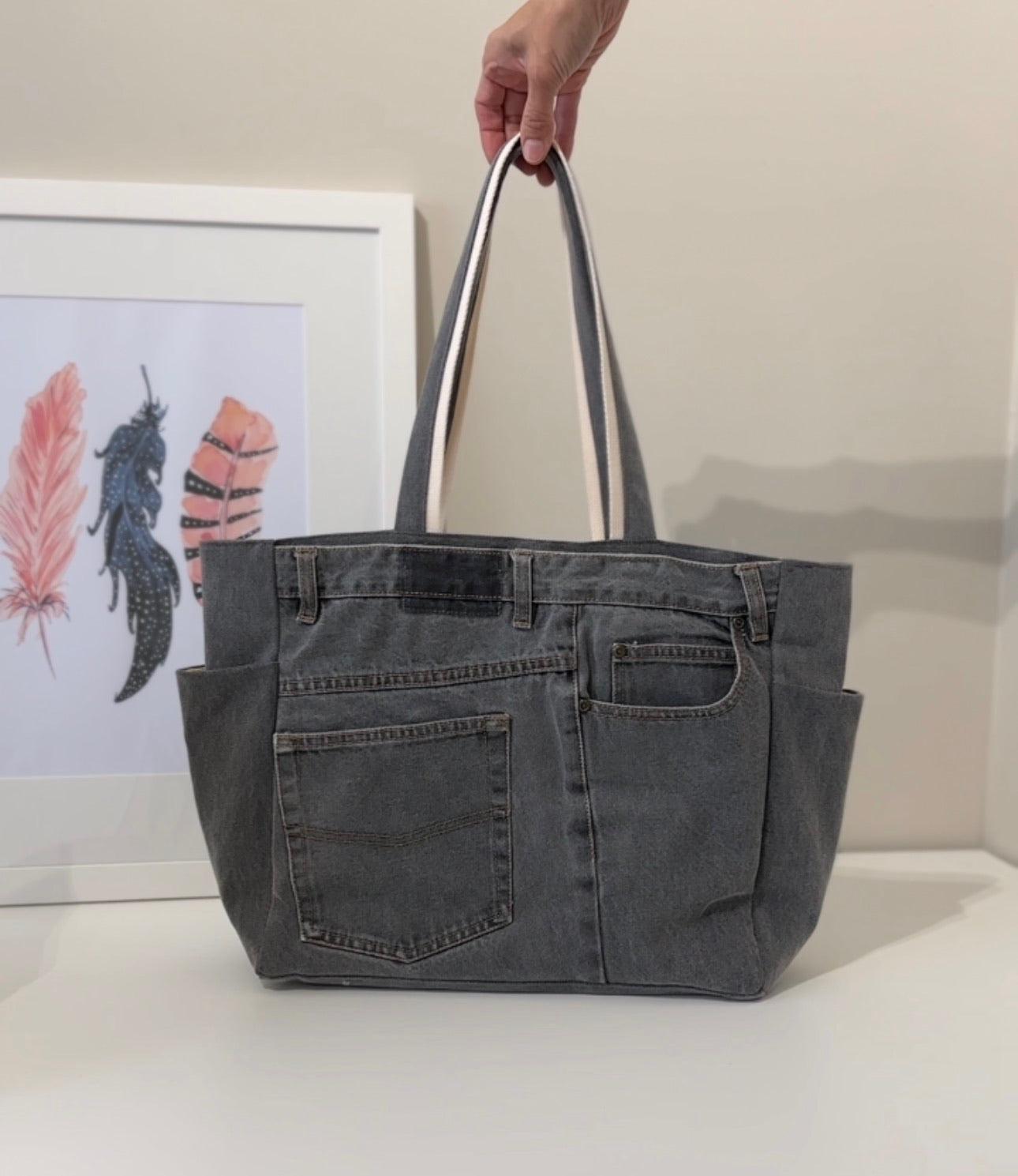 Upcycled Black Denim Tote Bag with Pockets