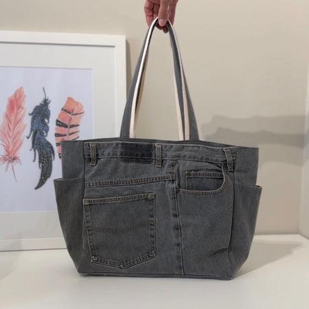 Upcycled Black Denim Tote Bag with Pockets - EOFY Studio Sale