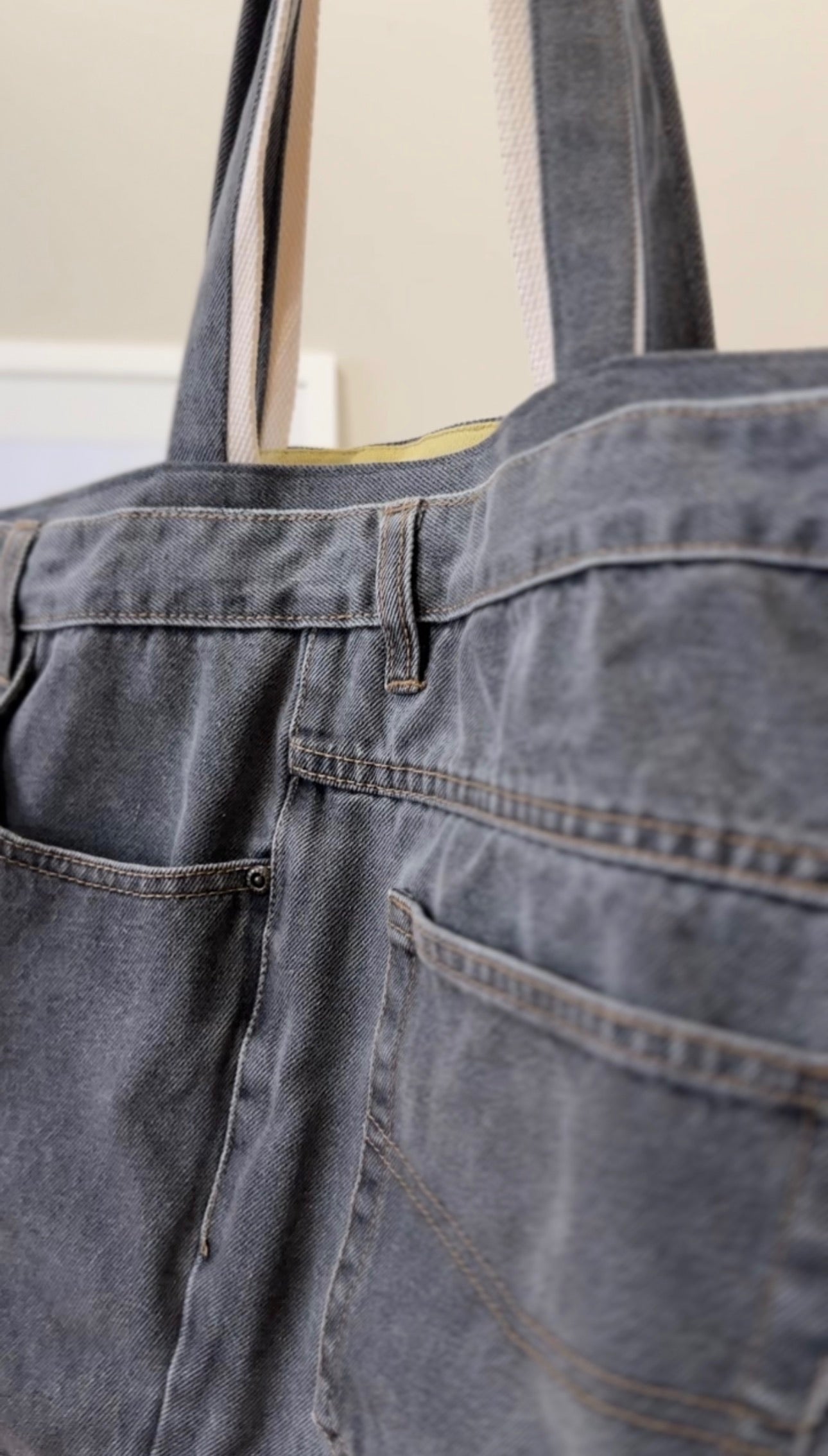 Upcycled Black Denim Tote Bag with Pockets