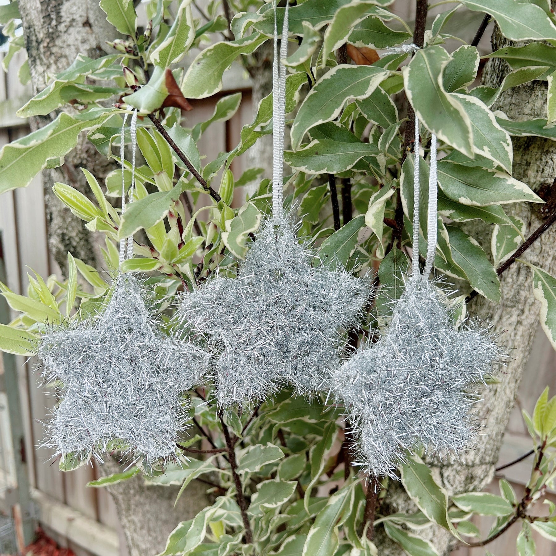 Handmade Crochet Silver Tinsel Christmas Star Ornaments – Set of 5