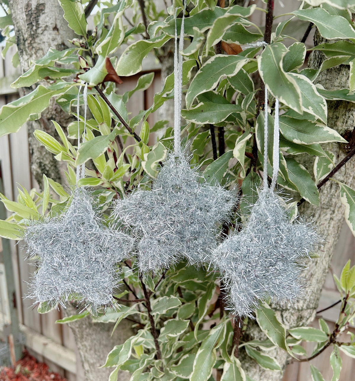 Handmade Crochet Silver Tinsel Christmas Star Ornaments – Set of 5