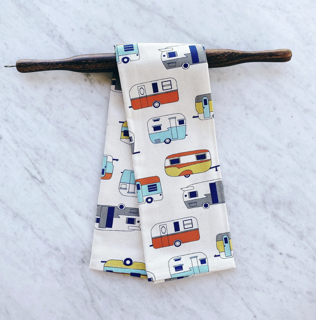 Retro caravans tea towel.