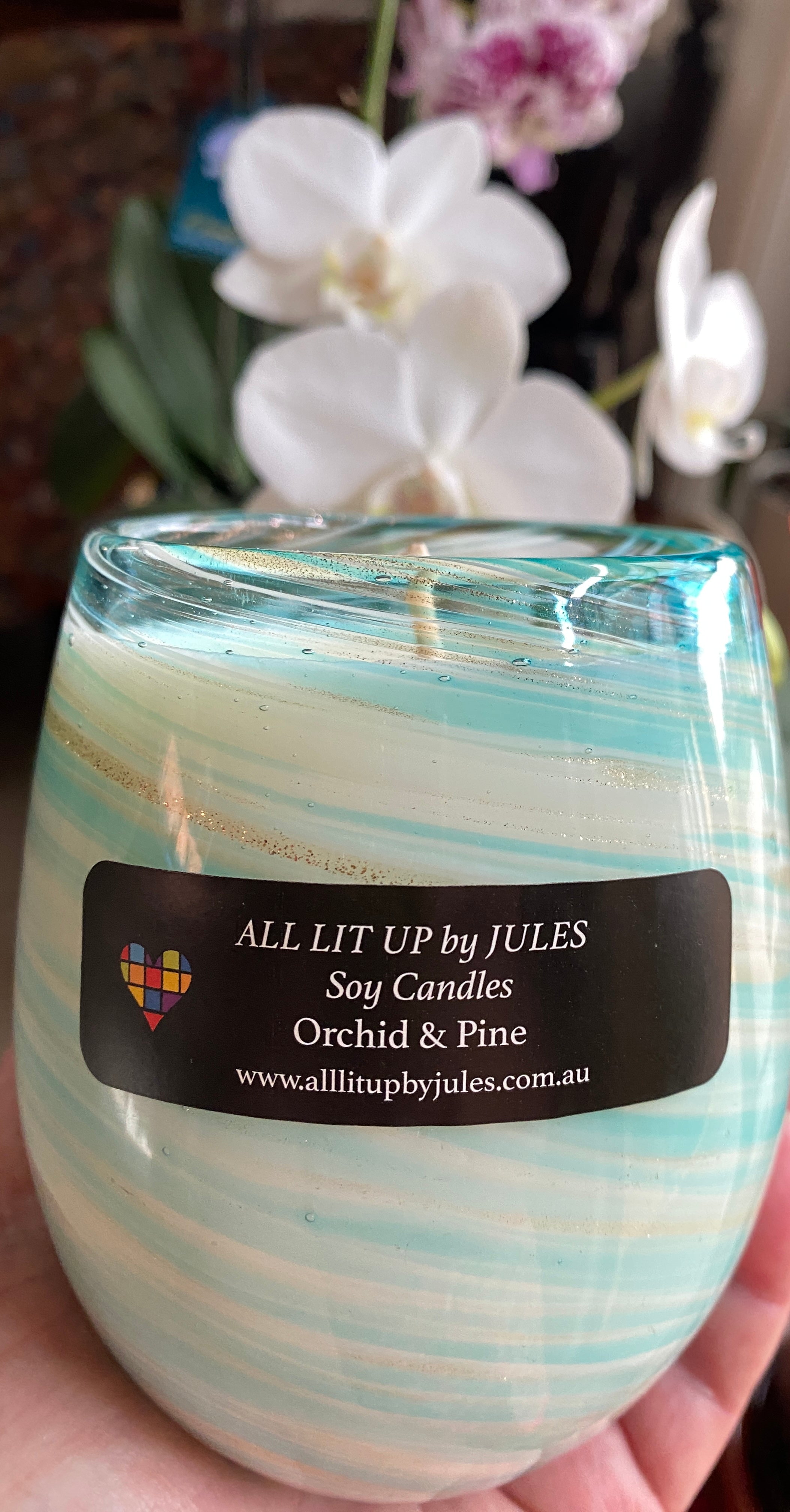 Aqua Gold Swirl Glass with Orchid & Pine Fragrance